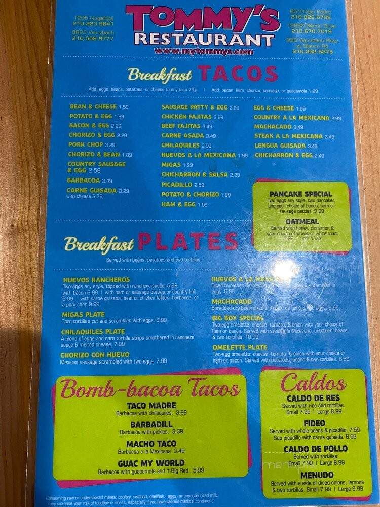 Tommy's Restaurant - San Antonio, TX menu_pic