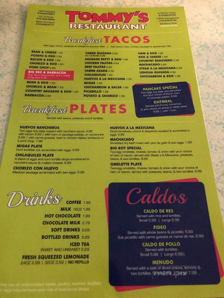 Tommy's Restaurant - San Antonio, TX menu_pic