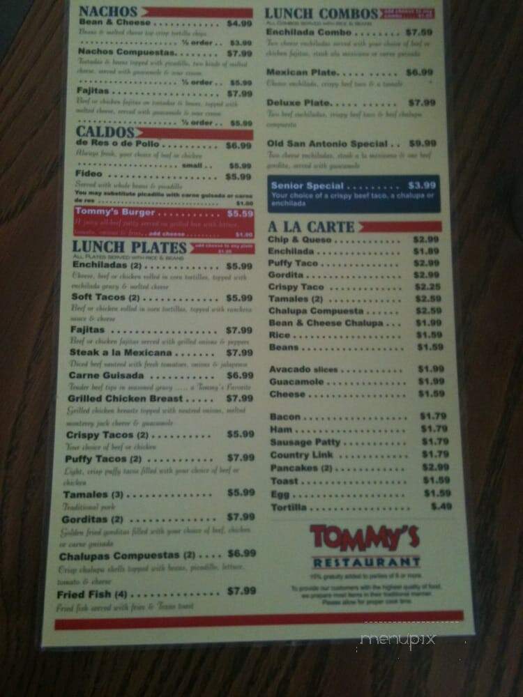 Tommy's Restaurant - San Antonio, TX menu_pic