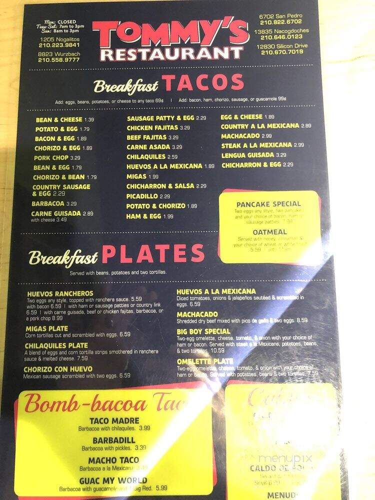 Tommy's Restaurant - San Antonio, TX menu_pic