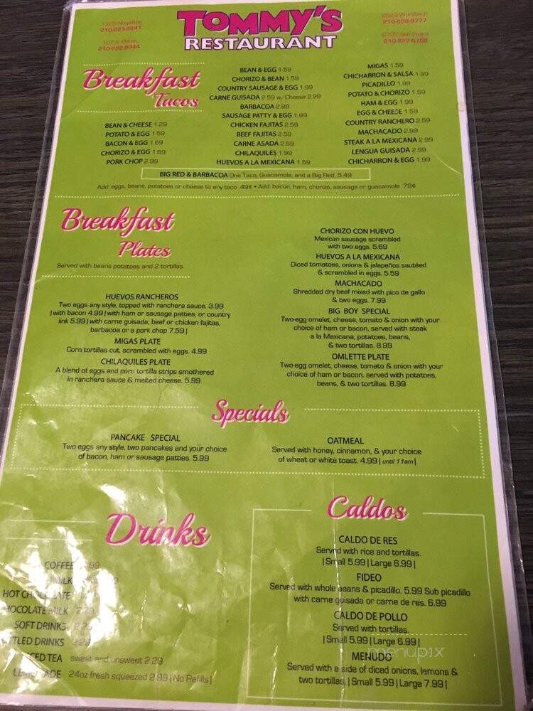 Tommy's Restaurant - San Antonio, TX menu_pic