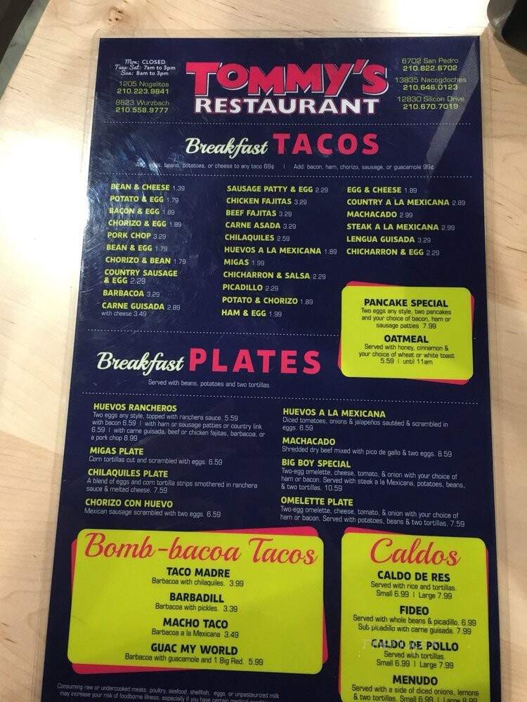 Tommy's Restaurant - San Antonio, TX menu_pic