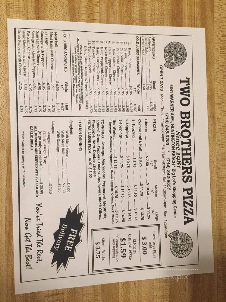 Two Brothers Pizza - Huntington Beach, CA menu_pic