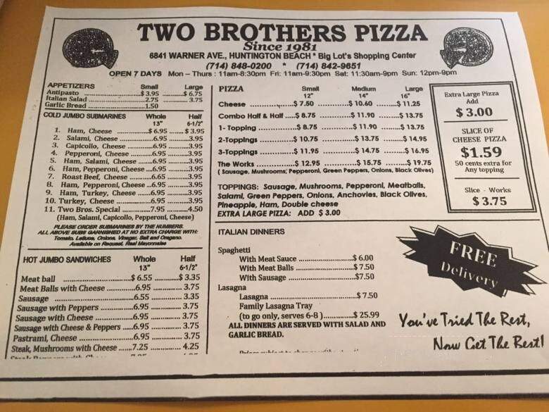Two Brothers Pizza - Huntington Beach, CA menu_pic