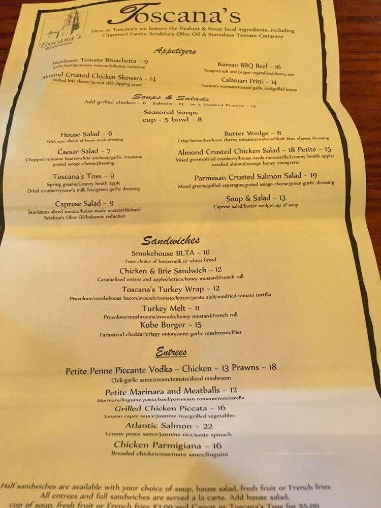 Toscana's Ristorante - Turlock, CA menu_pic