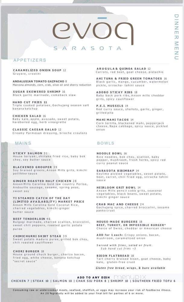 EVOQ Sarasota - Sarasota, FL menu_pic