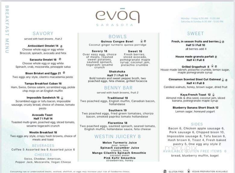 EVOQ Sarasota - Sarasota, FL menu_pic