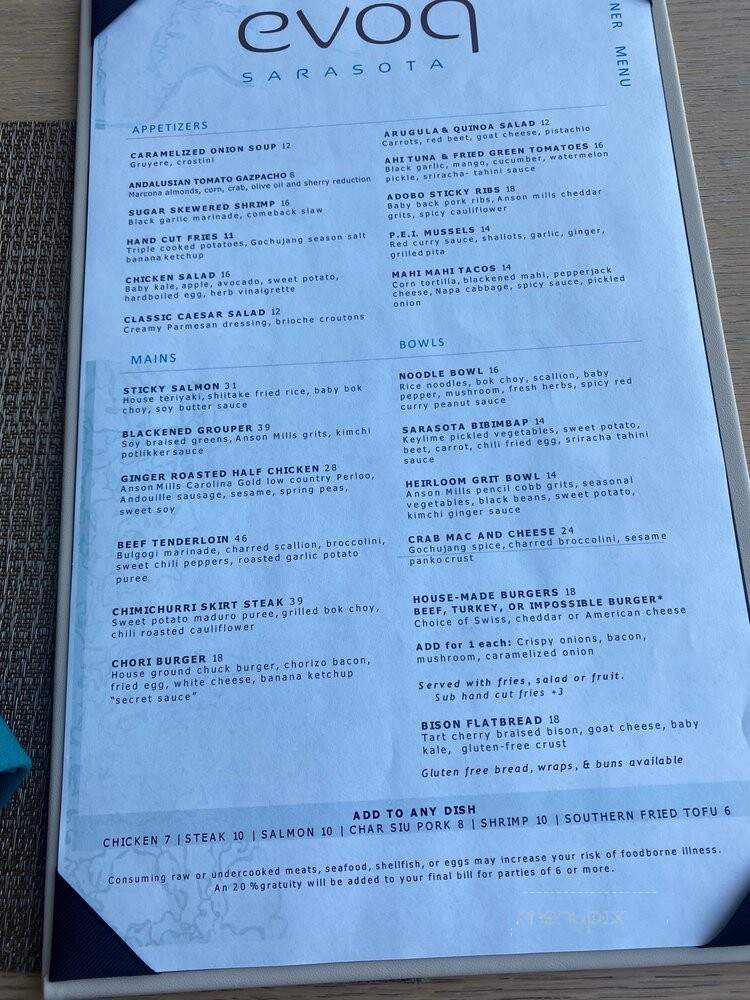 EVOQ Sarasota - Sarasota, FL menu_pic
