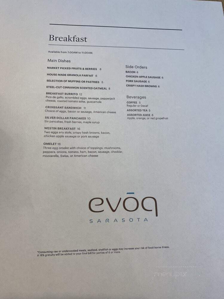 EVOQ Sarasota - Sarasota, FL menu_pic