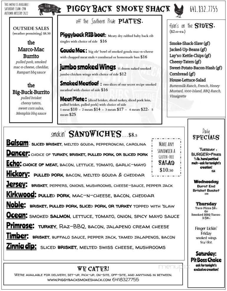 Piggyback Smoke Shack - Osage, IA menu_pic