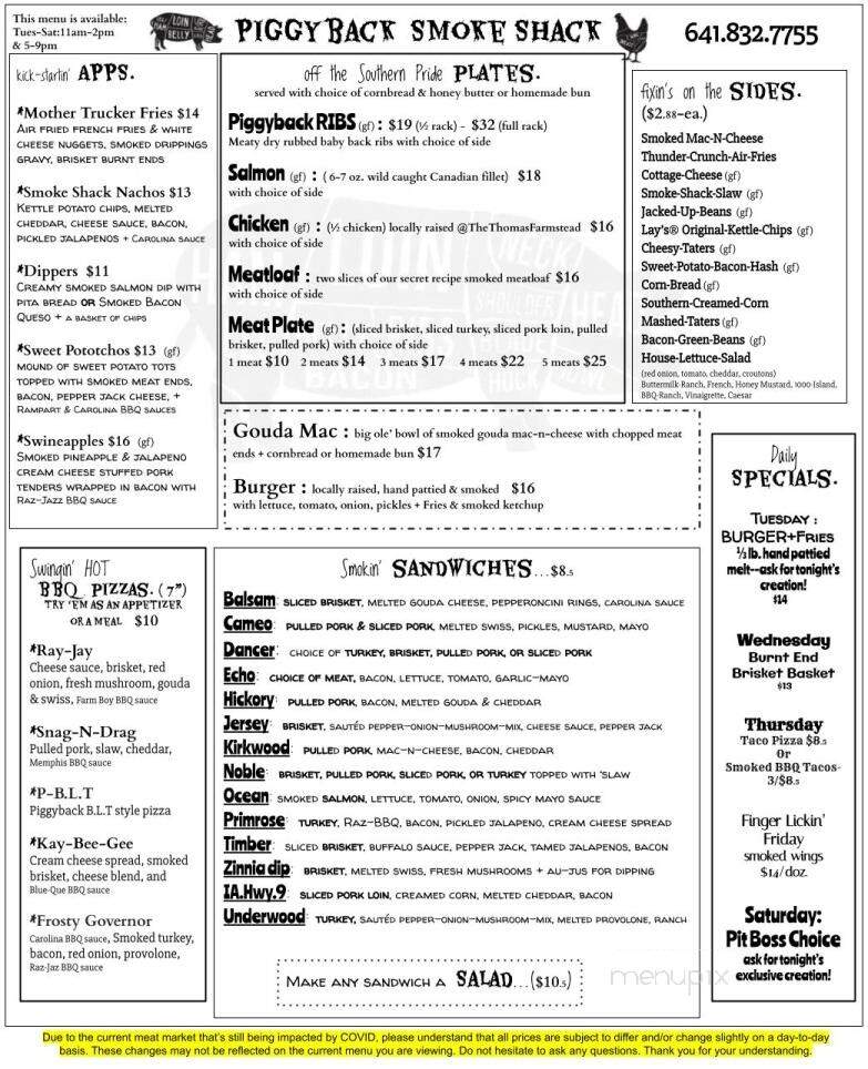 Piggyback Smoke Shack - Osage, IA menu_pic