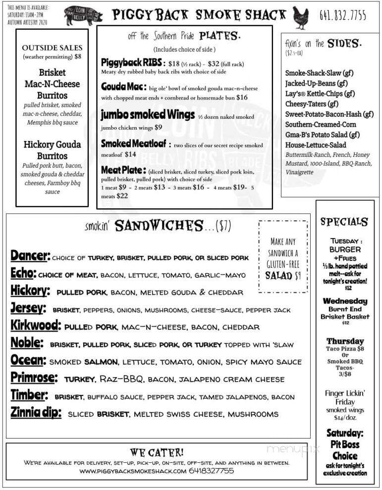 Piggyback Smoke Shack - Osage, IA menu_pic