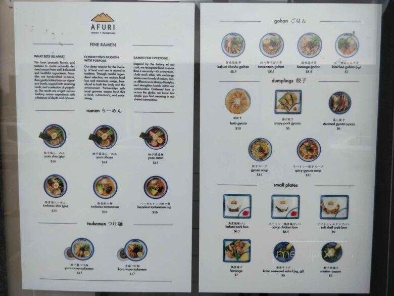 Afuri Ramen + Dumpling - Richmond, BC menu_pic