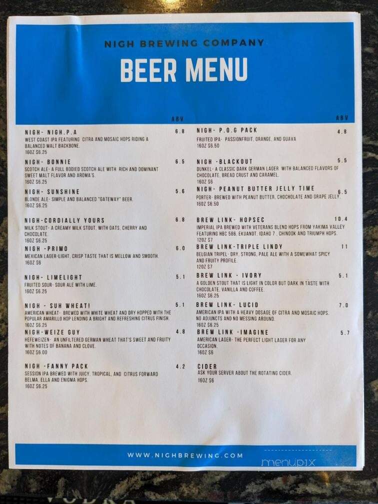 Nigh Brewing - Plainfield, IN menu_pic