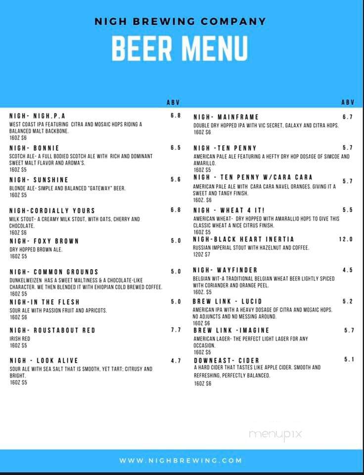 Nigh Brewing - Plainfield, IN menu_pic
