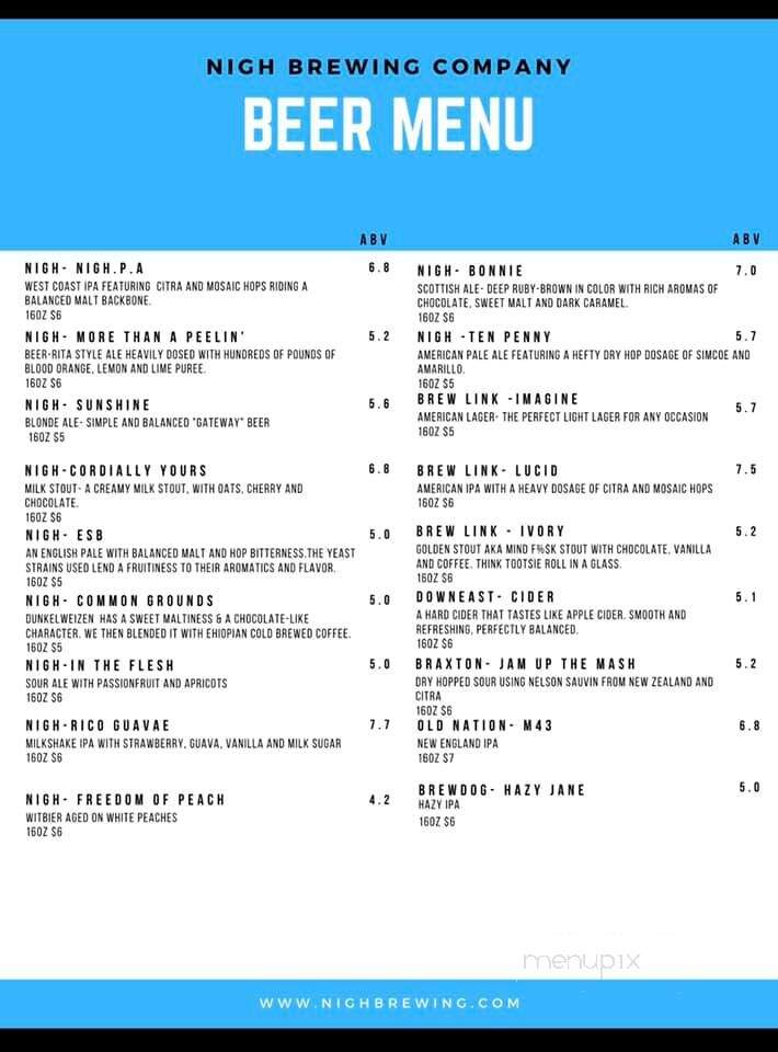 Nigh Brewing - Plainfield, IN menu_pic