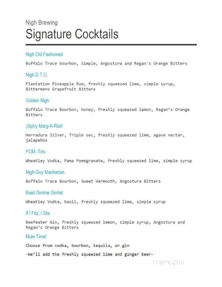 Nigh Brewing - Plainfield, IN menu_pic