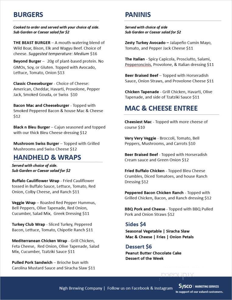 Nigh Brewing - Plainfield, IN menu_pic