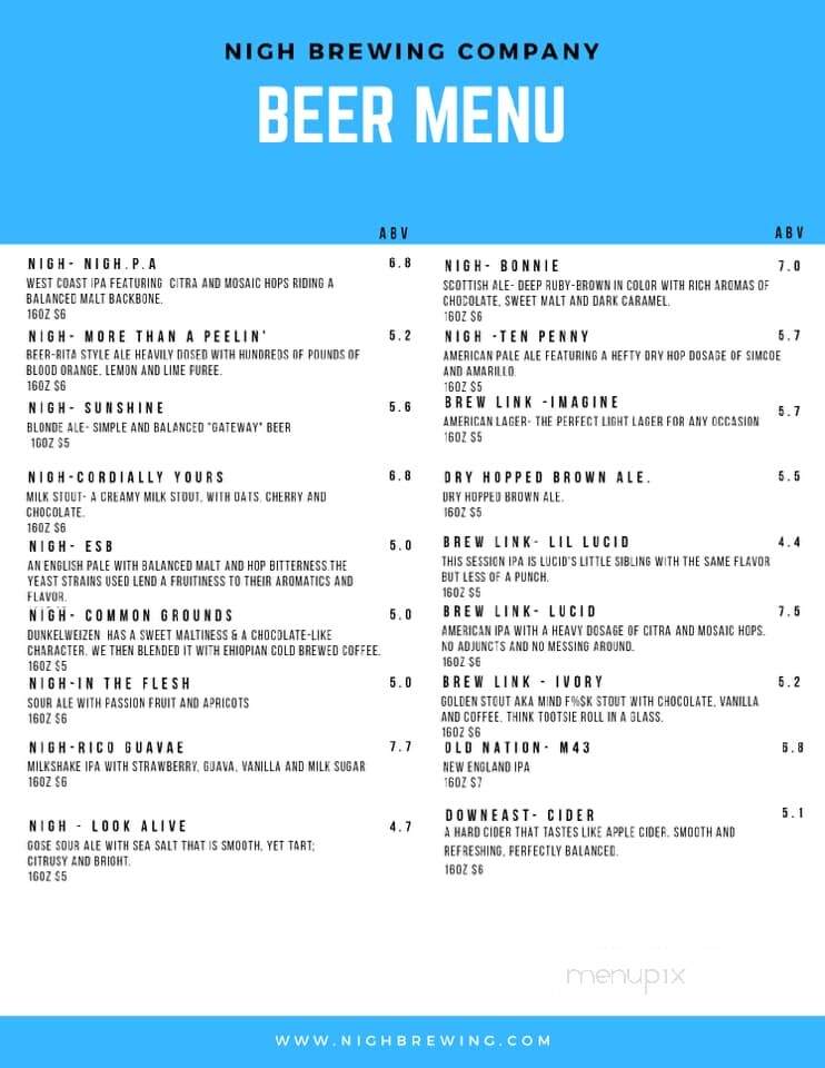 Nigh Brewing - Plainfield, IN menu_pic