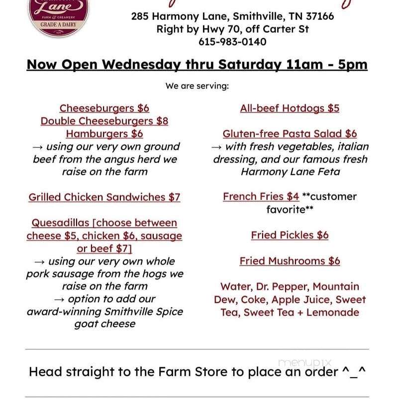 Harmony Lane Farm and Creamery - Smithville, TN menu_pic
