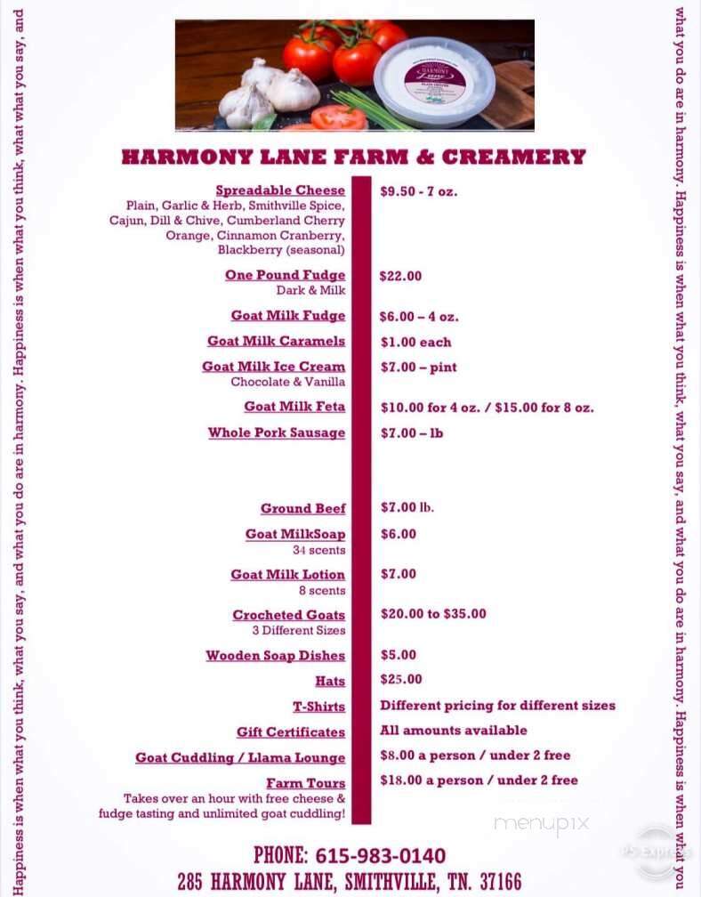 Harmony Lane Farm and Creamery - Smithville, TN menu_pic