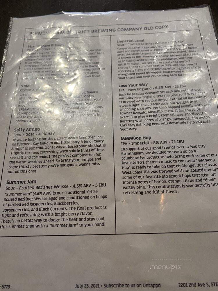 Birmingham District Brewing - Birmingham, AL menu_pic