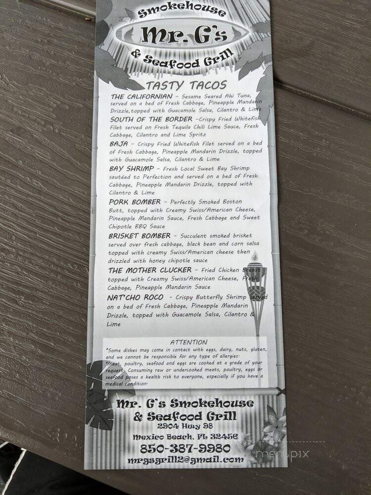 Mr G's Smokehouse and Seafood Grill - Mexico Beach, FL menu_pic