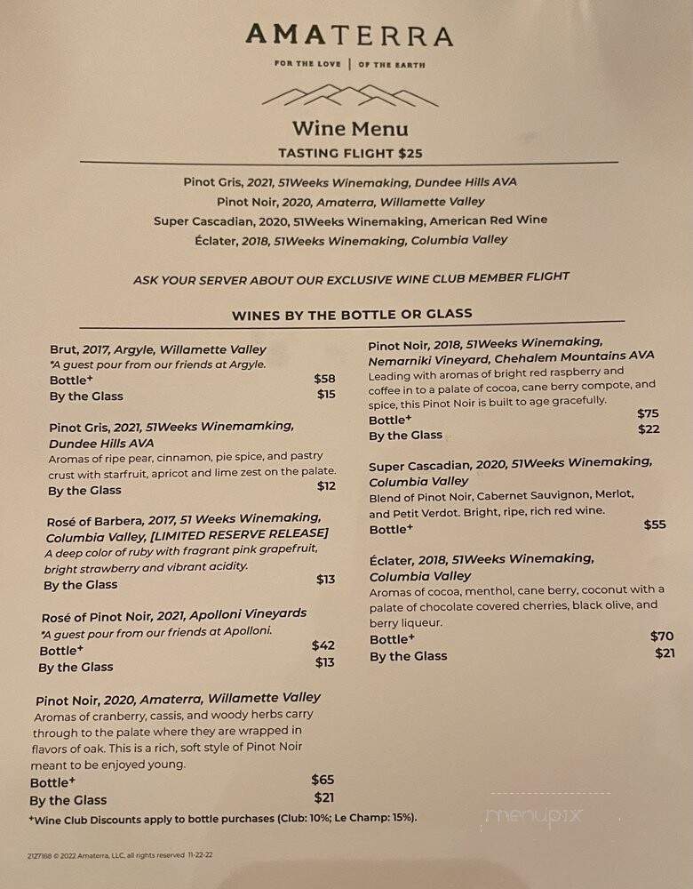 Amaterra Winery - Portland, OR menu_pic