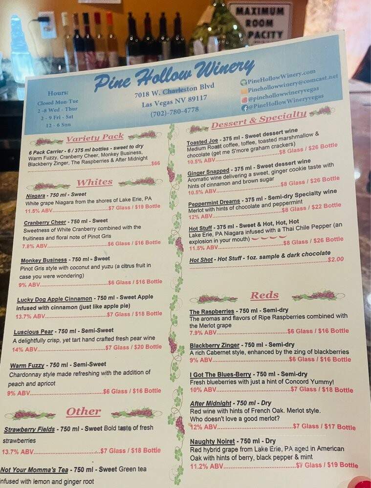 Pine Hollow Winery - Las Vegas, NV menu_pic