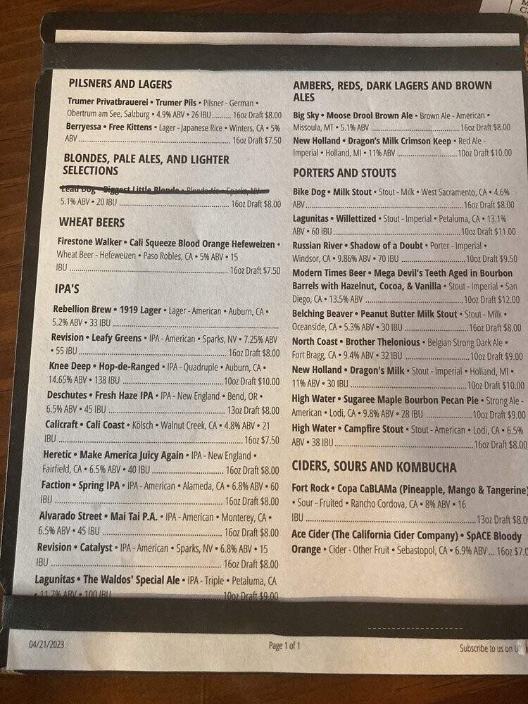 Porters House of Draft - Roseville, CA menu_pic