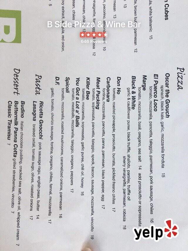 B Side Pizza & Wine Bar - New York, NY menu_pic