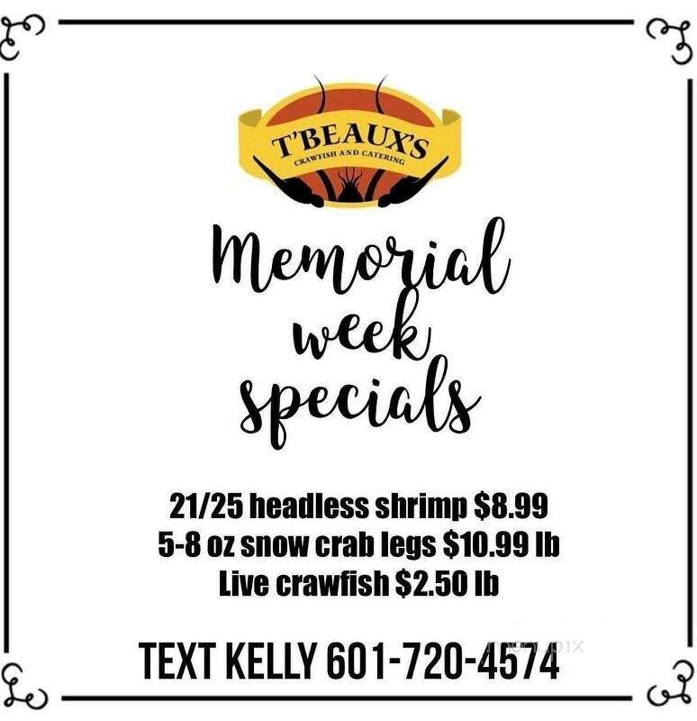 T'Beaux's Crawfish & Catering - Clinton, MS menu_pic