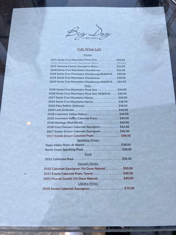 Big Dog Vineyards - Milpitas, CA menu_pic