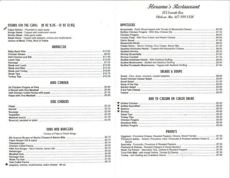 Tommy Floramo's Restaurant - Chelsea, MA menu_pic