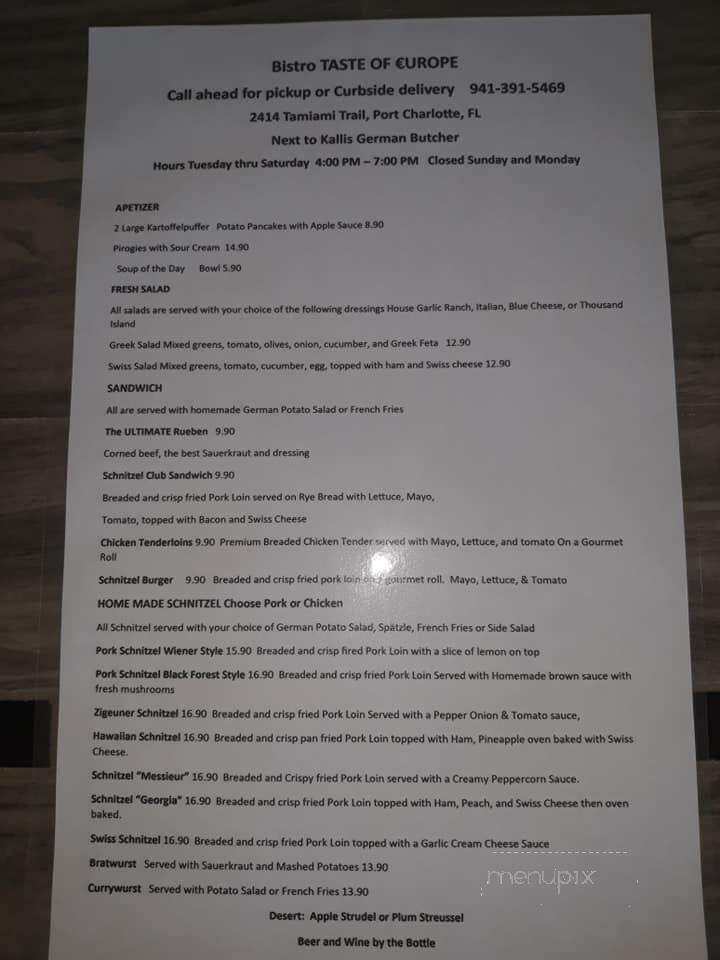 Bistro Taste of Europe - Port Charlotte, FL menu_pic
