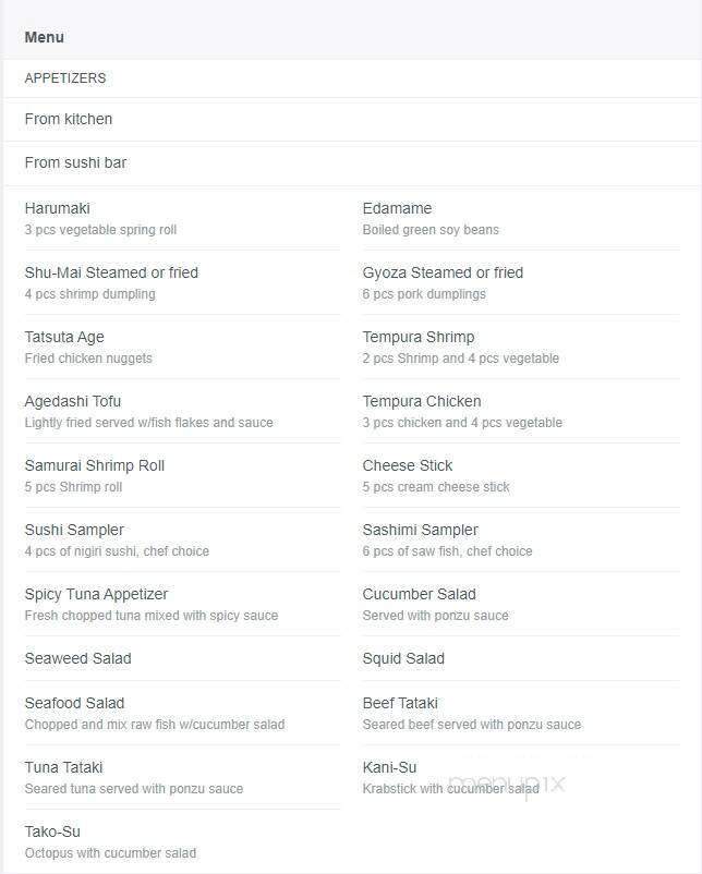 Samurai Japanese Steakhouse & Sushi Bar - Andalusia, AL menu_pic