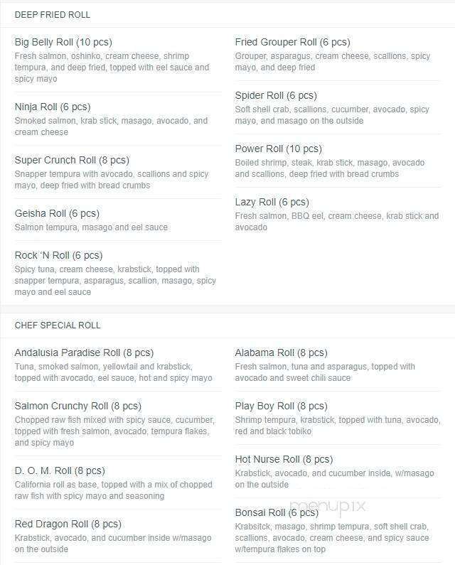 Samurai Japanese Steakhouse & Sushi Bar - Andalusia, AL menu_pic