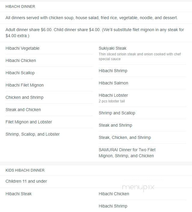 Samurai Japanese Steakhouse & Sushi Bar - Andalusia, AL menu_pic