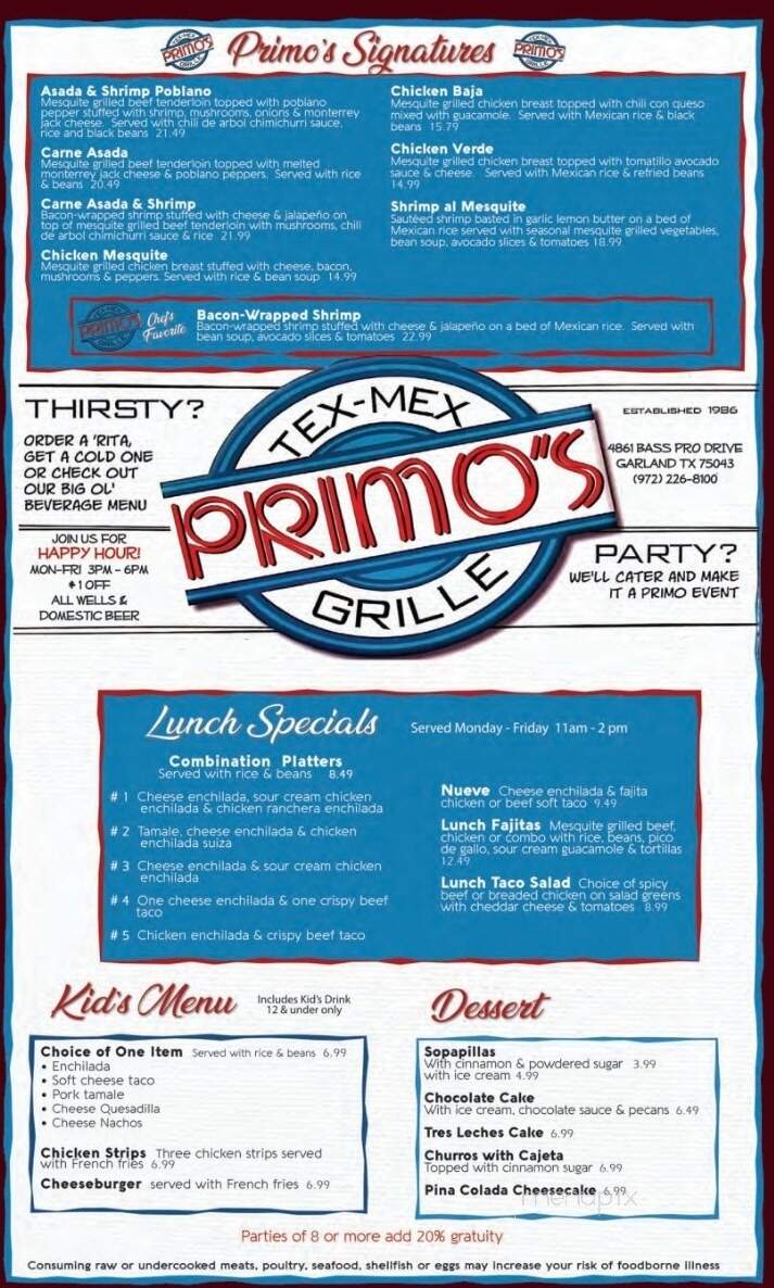 Primo's Tex-Mex Grille - Lake Ray Hubbard - Garland, TX menu_pic
