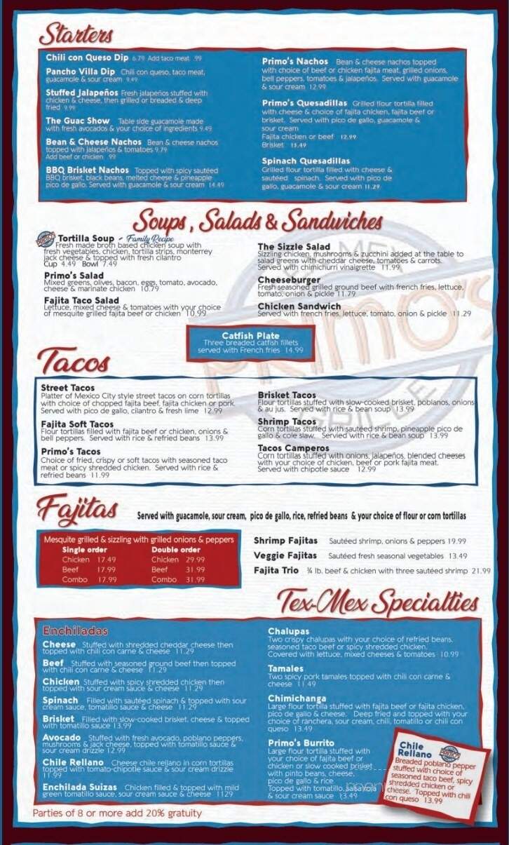 Primo's Tex-Mex Grille - Lake Ray Hubbard - Garland, TX menu_pic
