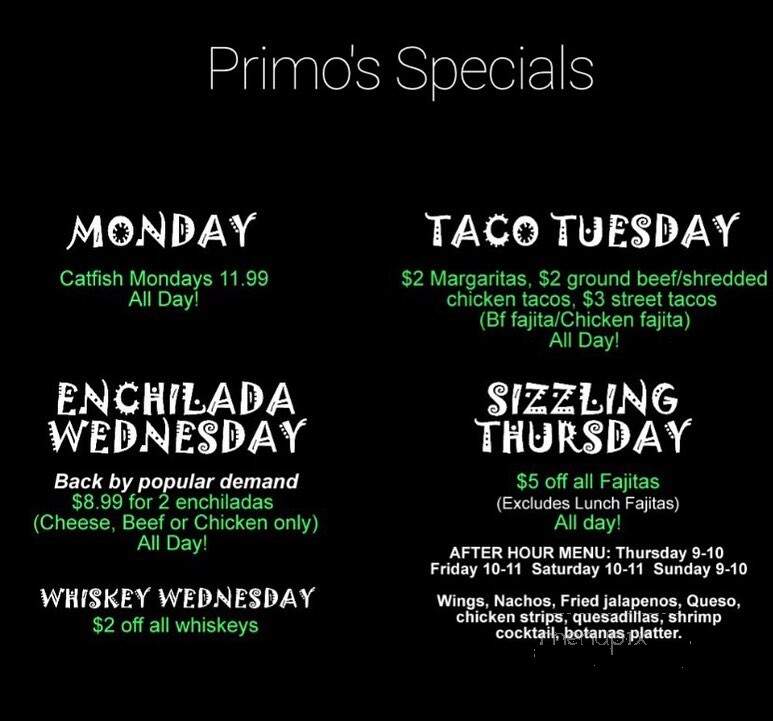 Primo's Tex-Mex Grille - Lake Ray Hubbard - Garland, TX menu_pic