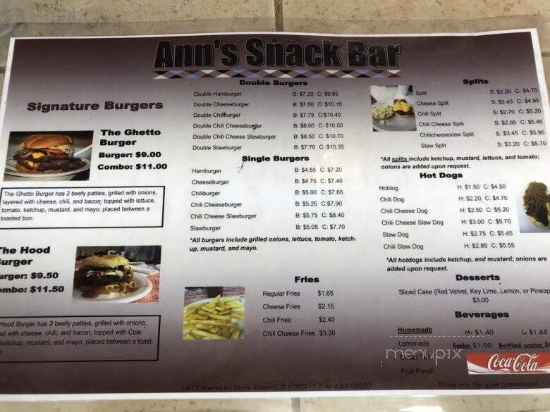 Ann's Snack Bar - Atlanta, GA menu_pic
