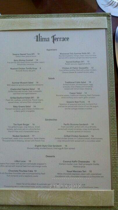 Ilima Terrace Restaurant - Koloa, HI menu_pic
