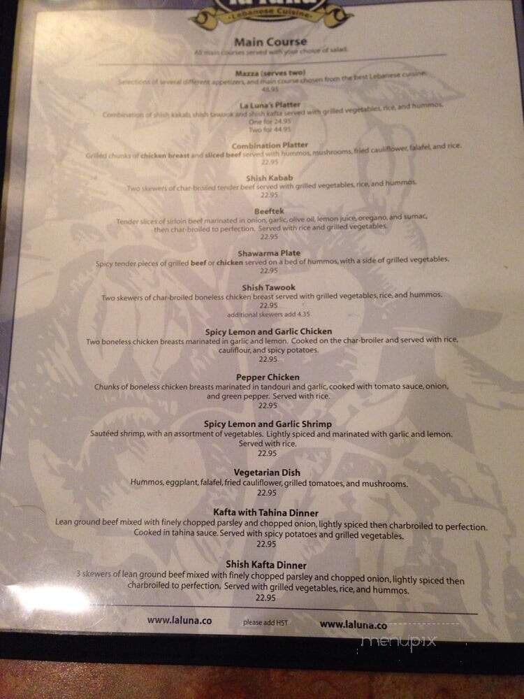 La Luna On The Mountain Restaurant - Hamilton, ON menu_pic