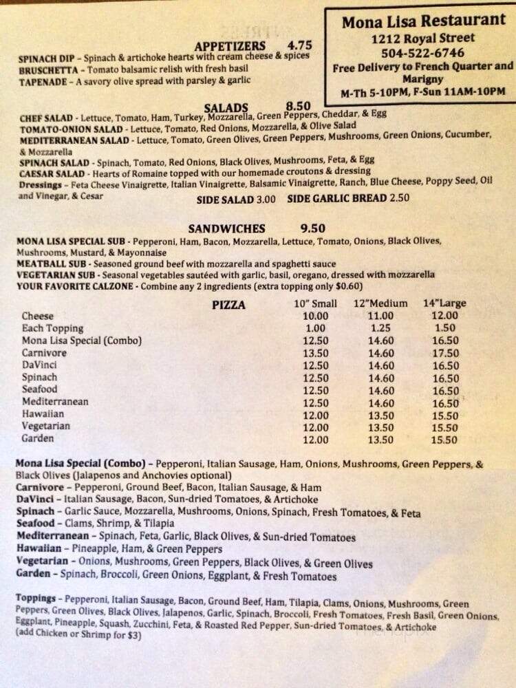 Mona Lisa Restaurant - New Orleans, LA menu_pic