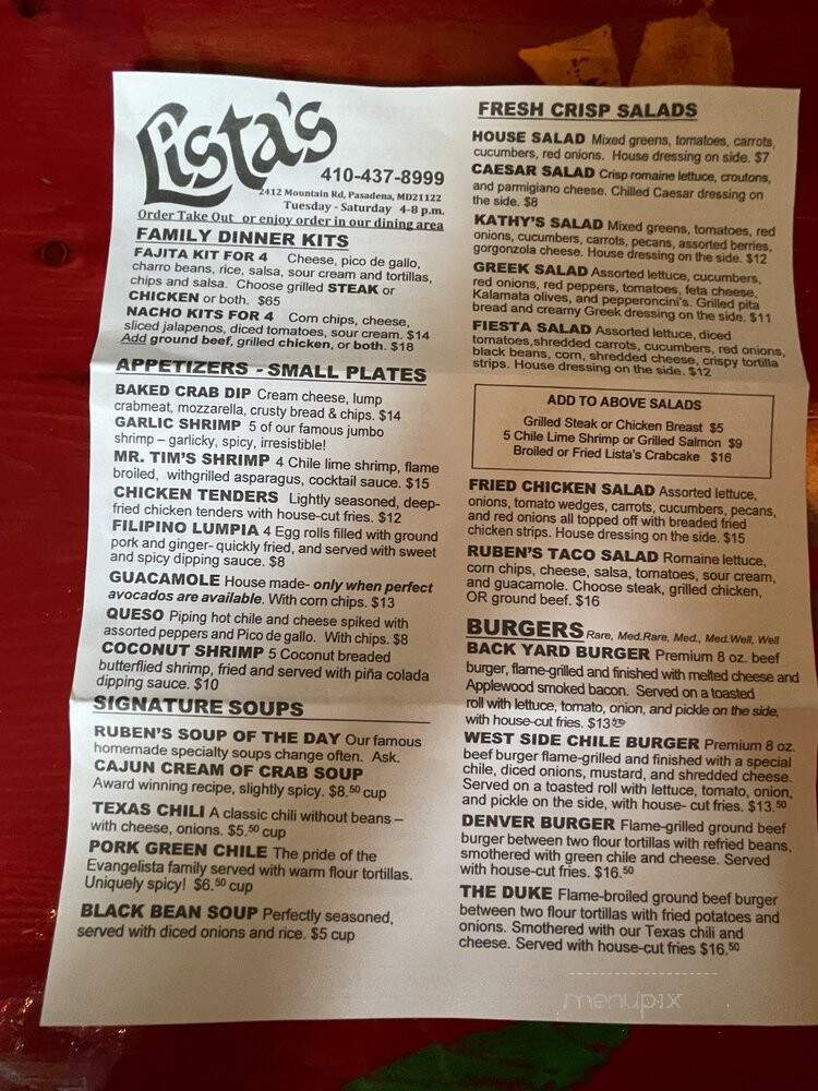 Lista's Grill - Pasadena, MD menu_pic