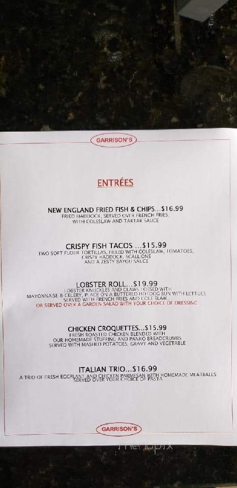 Garrison's Bar & Grill - North Billerica, MA menu_pic