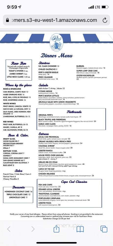 Pepe's Wharf Restaurant - Provincetown, MA menu_pic