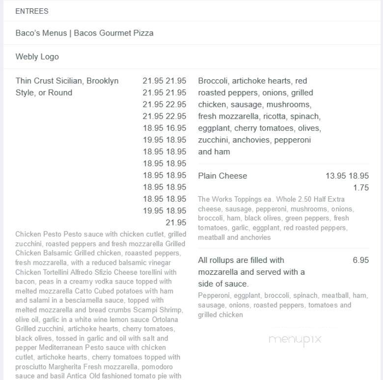 Baco's Freehold Pizza - Freehold, NJ menu_pic