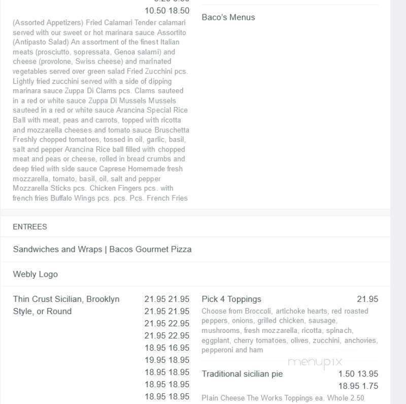 Baco's Freehold Pizza - Freehold, NJ menu_pic